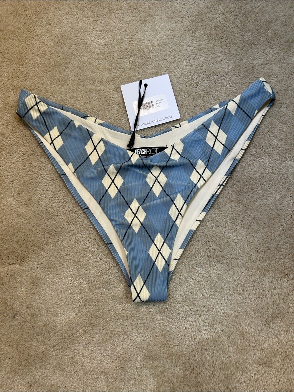 Beach Riot Vanessa Bikini Bottoms Blue Argyle NWT Cheeky High-Cut Swim Sz XL